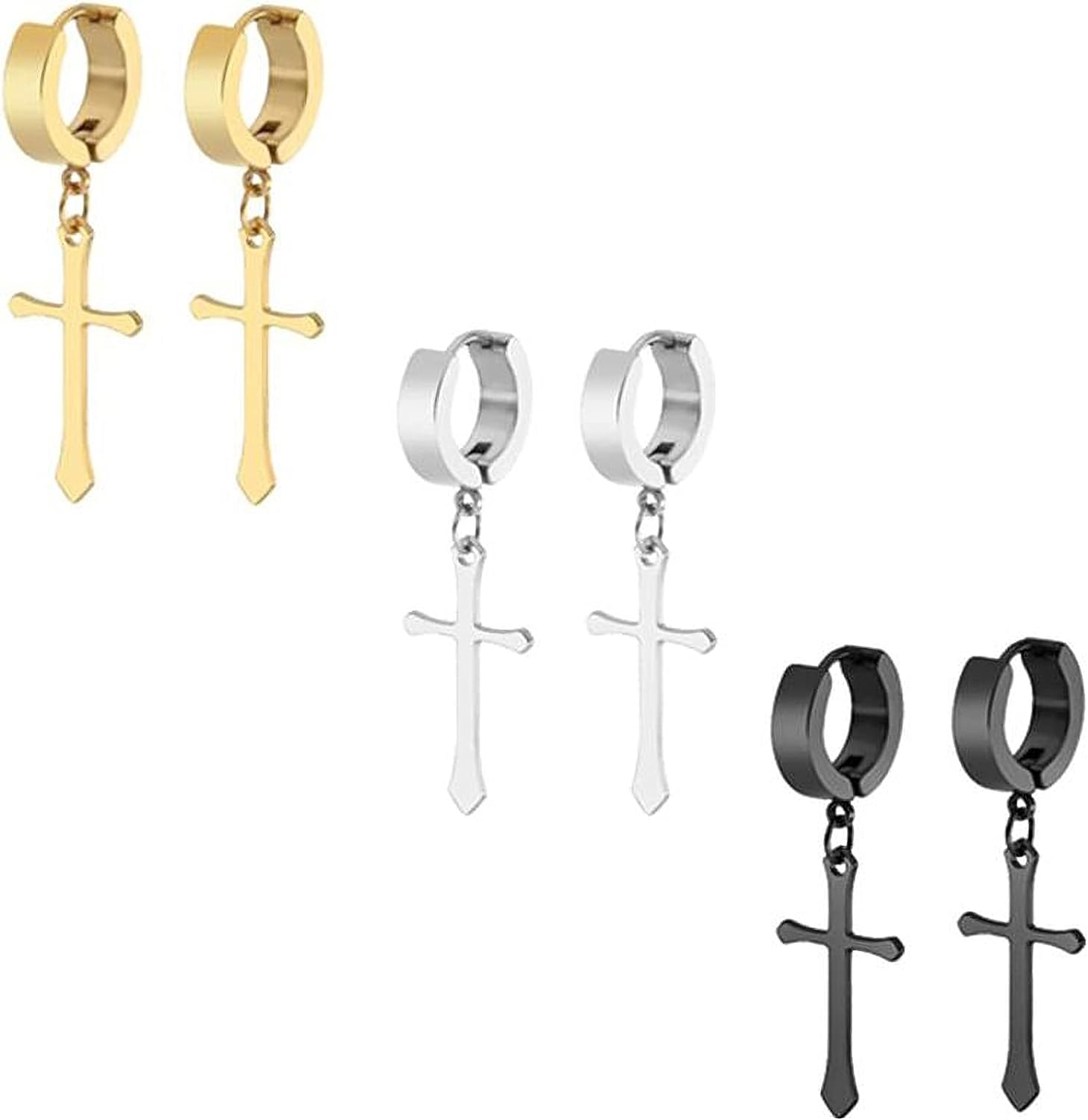 3 Pairs Stainless Steel Cross Earrings - WISHINGTHING