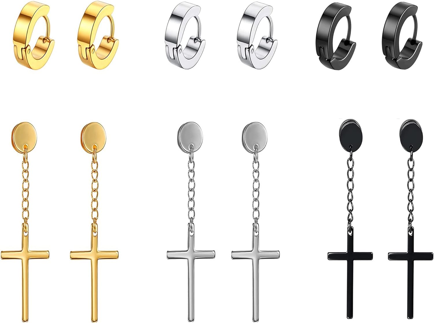 3 Pairs Stainless Steel Cross Earrings - WISHINGTHING