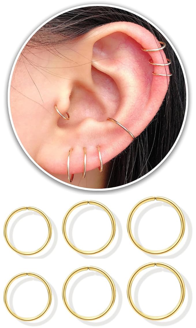 3 Pairs 14k Gold Plated Sterling Silver Small Hoop Earrings Set. 6mm 7mm 8mm - WISHINGTHING